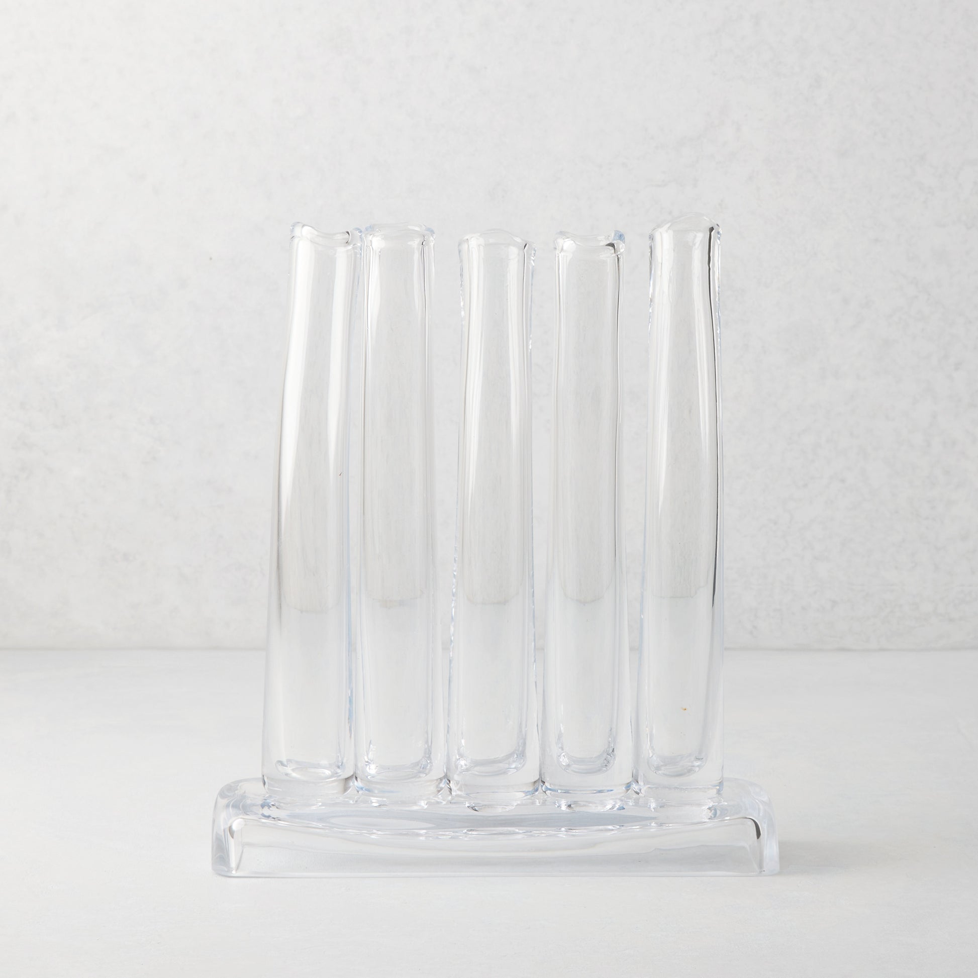 Elli Small Scissor-Cut Glass Vase, clear, with five attached individual tubes on a sleek rectangular base.