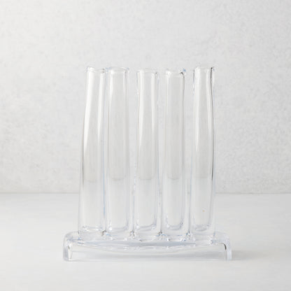 Elli Small Scissor-Cut Glass Vase, clear, with five attached individual tubes on a sleek rectangular base.