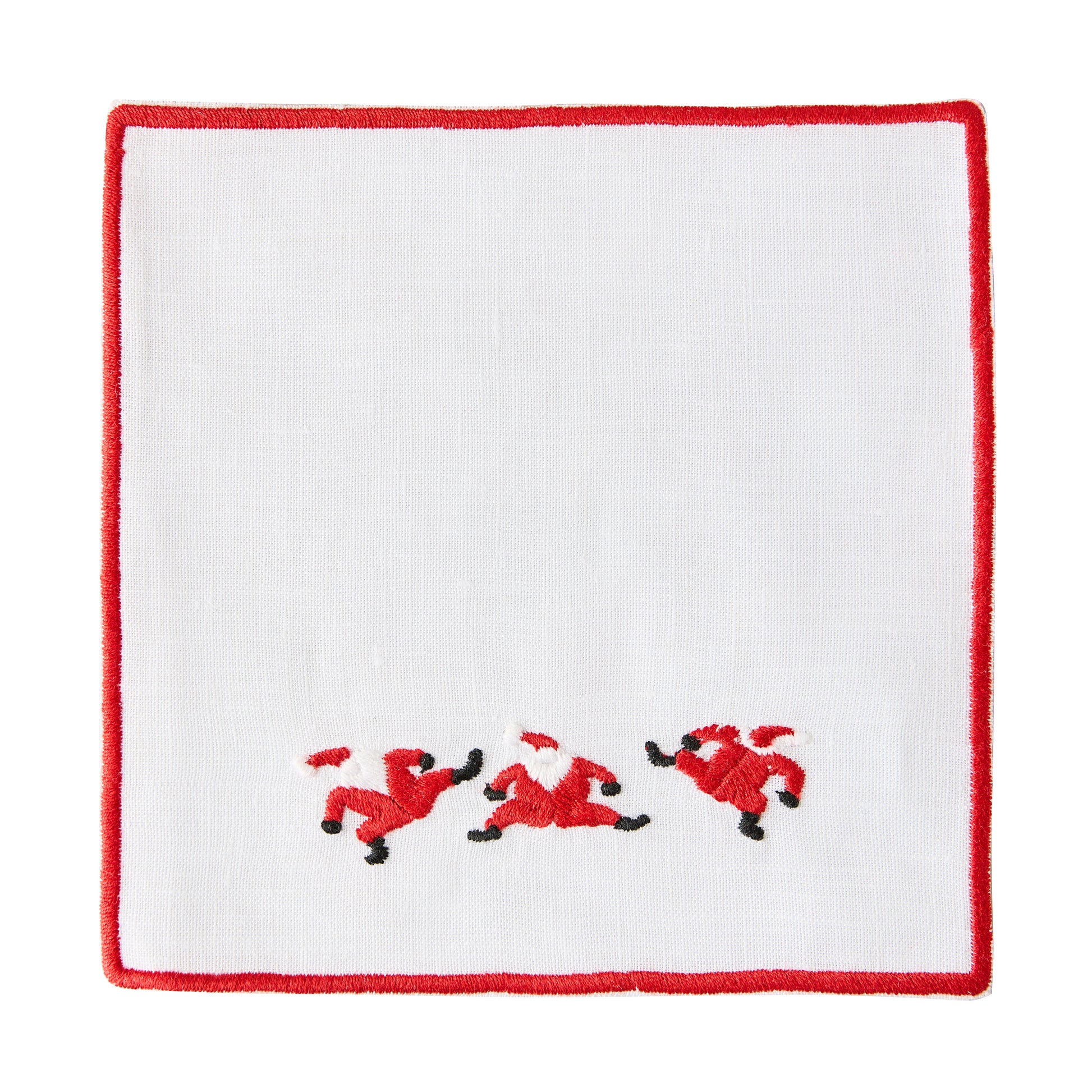 White 5.5" square linen coaster with red embroidered Santa figures and a red border.