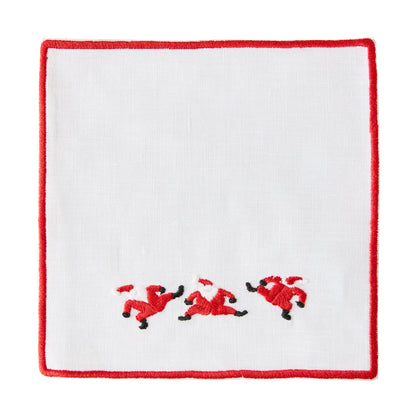 White 5.5" square linen coaster with red embroidered Santa figures and a red border.
