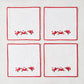 Set of 4 white linen Christmas coasters with red embroidered Santa figures and red border, 5.5" square.