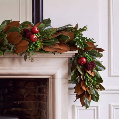 English Holiday Estate Magnolia, Spruce, and Pomegranate Garland (6')