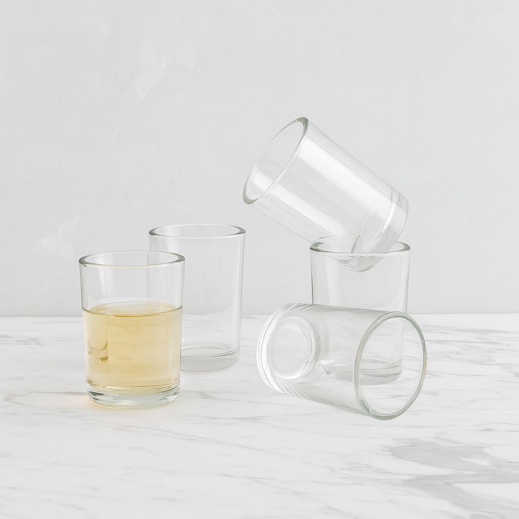 Clear, simple Everyday Wine Glasses, one filled with light yellow liquid, on a white marble surface.