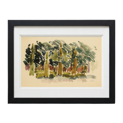 F. Pacanowska Luxembourg Garden #2 watercolor print, blues, greens on beige, black wooden frame, 25"x30".