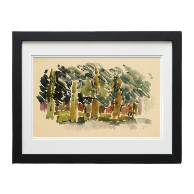 F. Pacanowska Luxembourg Garden #2 watercolor print, blues, greens on beige, black wooden frame, 25"x30".