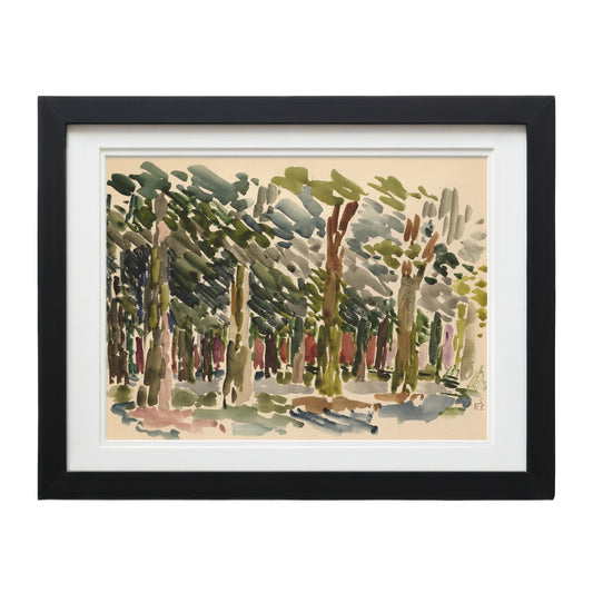 F. Pacanowska Luxembourg Garden #3 watercolor print, blues/greens on beige, black framed, 25"x30".