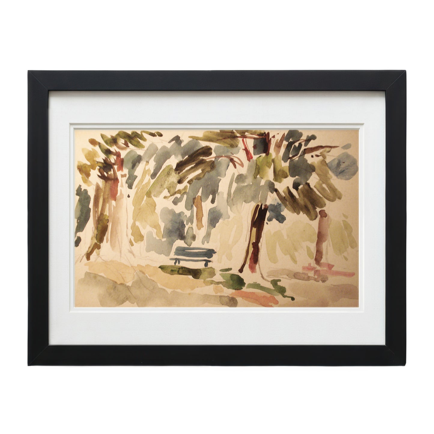 F. Pacanowska Luxembourg Garden #5 watercolor print, blue/green garden sketch, black framed, 25"x30".
