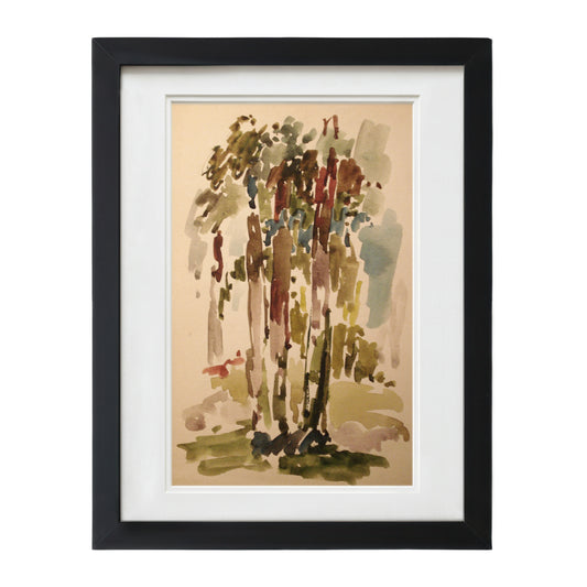 F. Pacanowska Luxembourg Garden #6 watercolor print, blue/green sketch on beige, black framed, 25"x30".