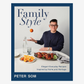 Family Style cookbook cover featuring Peter Som at a table with roasted chicken, orange slices, and a floating orange.