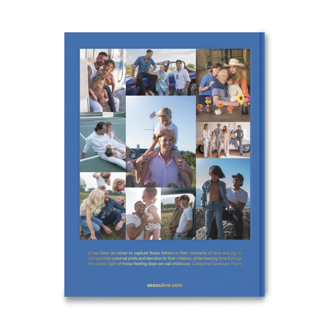 Blue hardcover "Father and Child" book with a collage of diverse father-child portraits on the back.