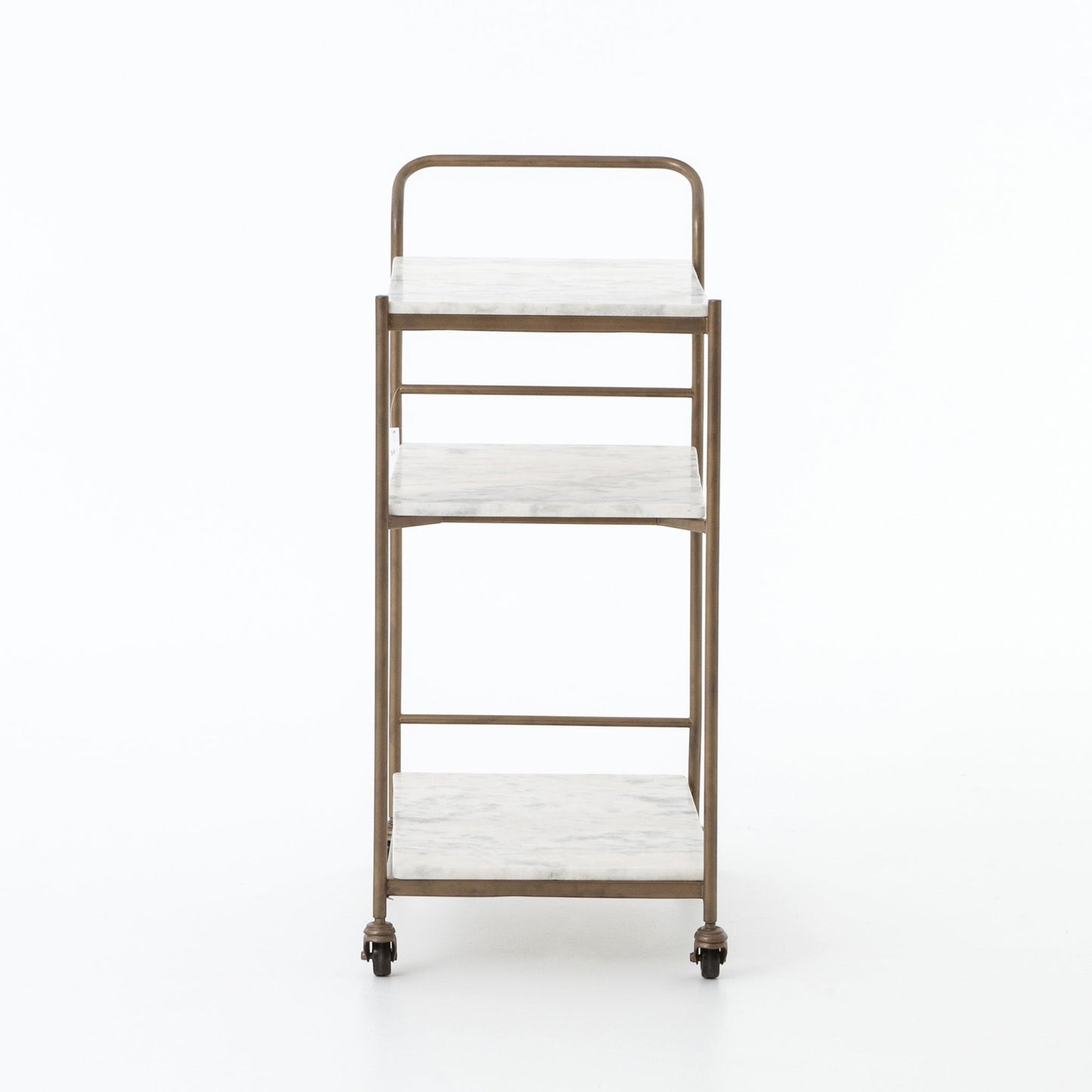 Felix antique brass bar cart with three rectangular white marble shelves and casters.