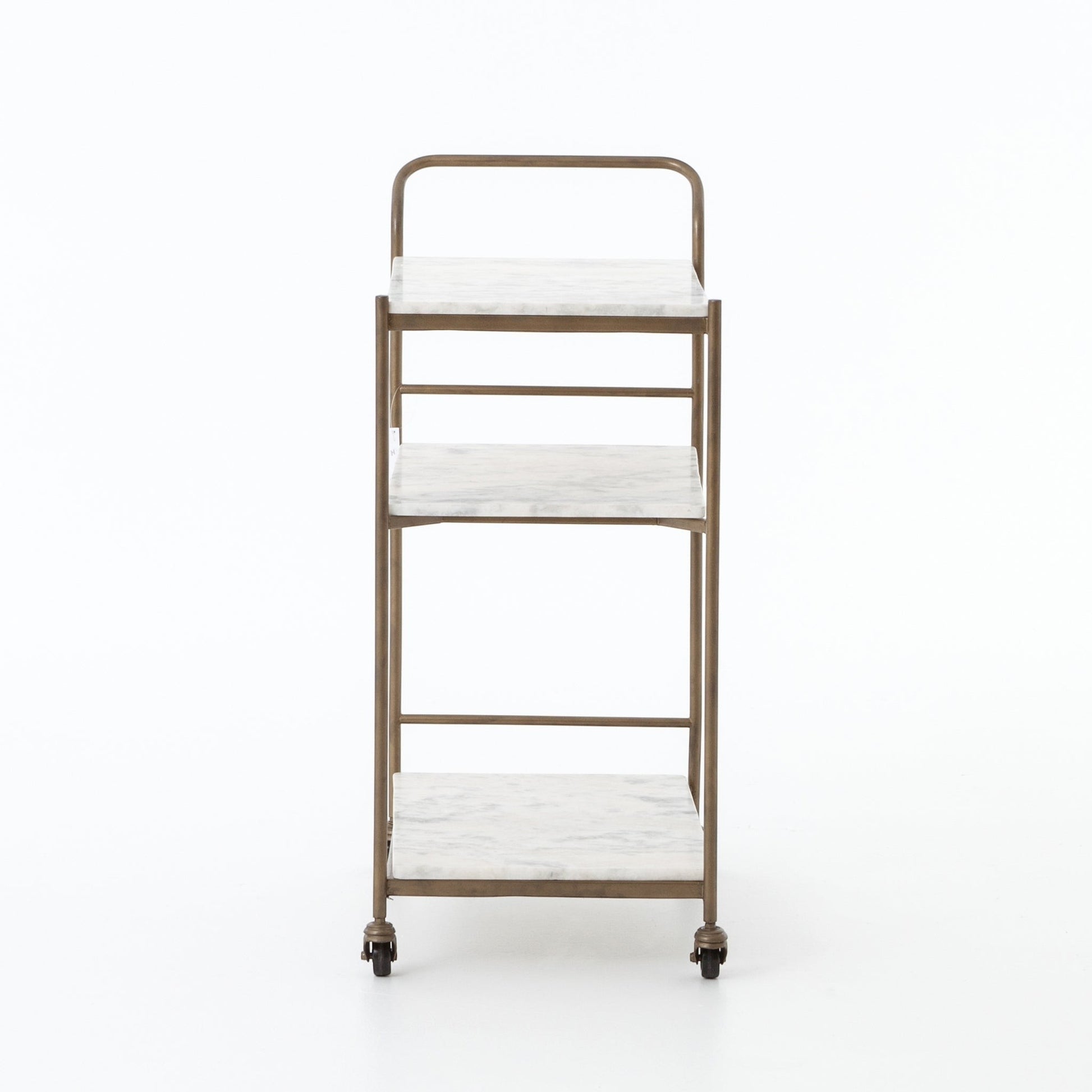 Felix antique brass bar cart with three rectangular white marble shelves and casters.