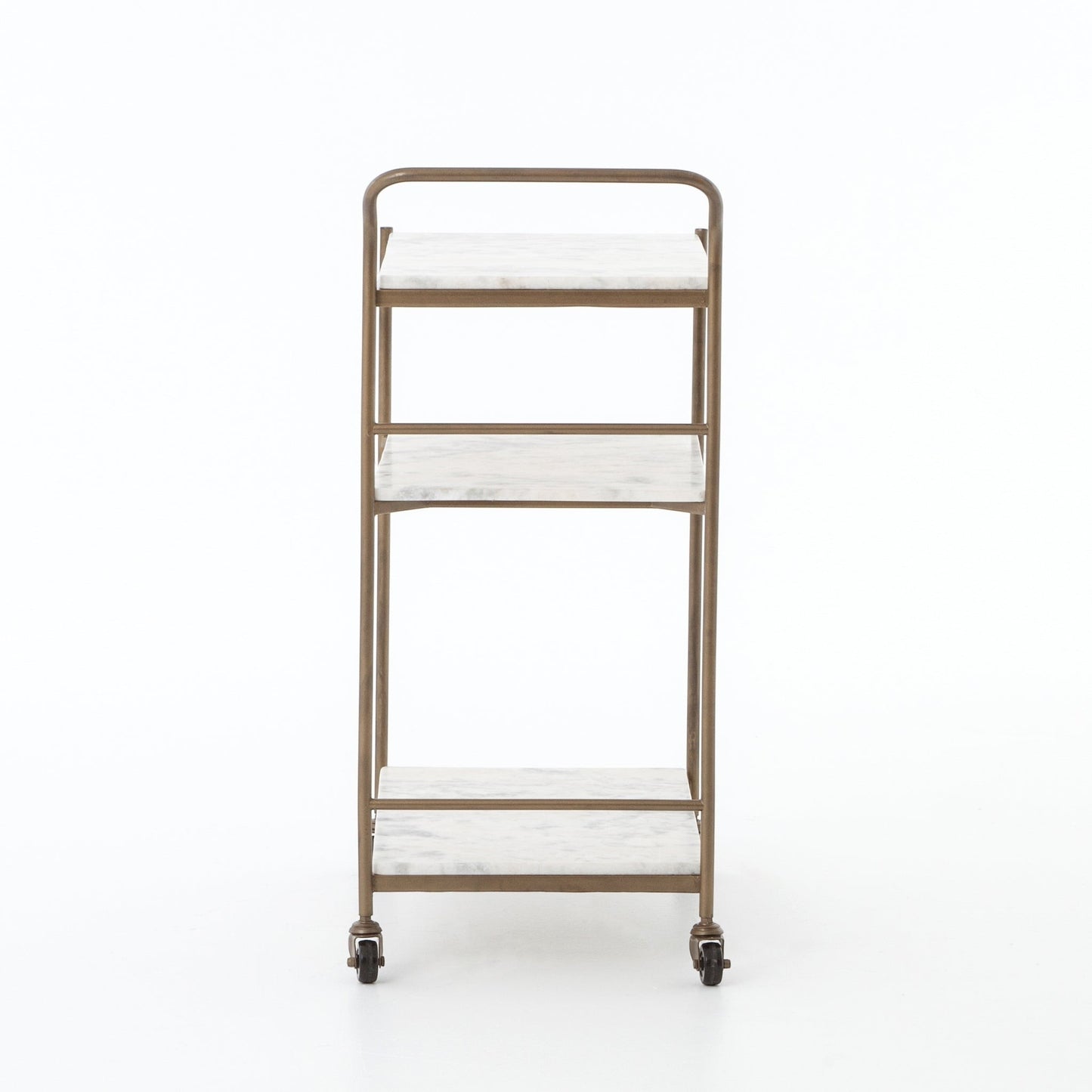 Felix antique brass bar cart with three rectangular white marble shelves and casters.