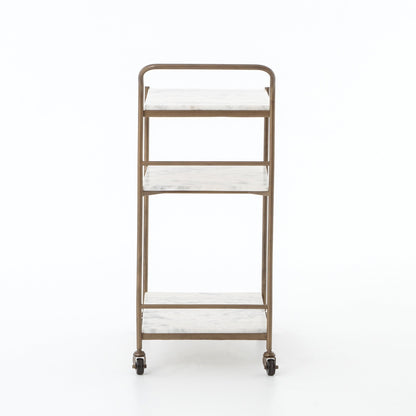 Felix antique brass bar cart with three rectangular white marble shelves and casters.