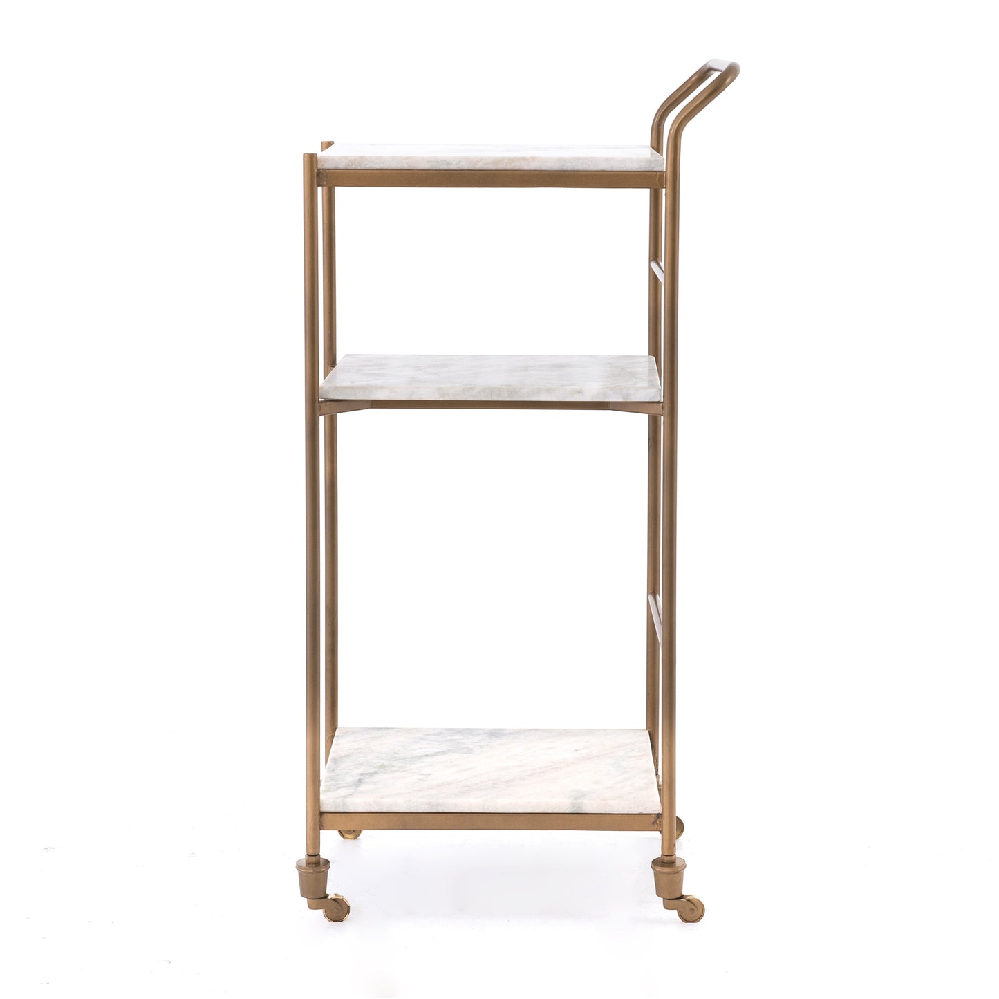 Felix Antique Brass and White Marble Square Bar Cart with three shelves and casters.