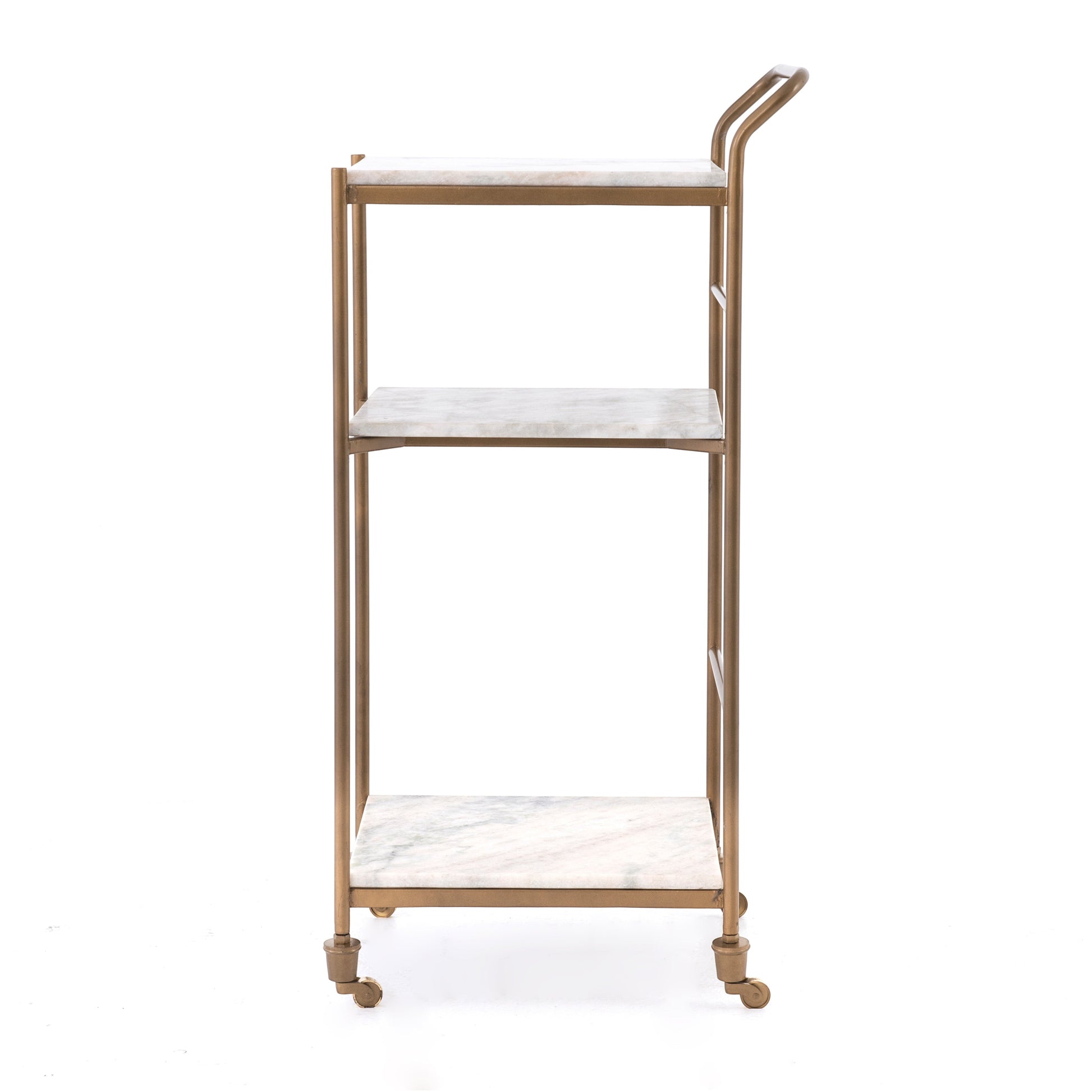 Felix Antique Brass and White Marble Square Bar Cart with three shelves and casters.
