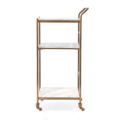 Felix Antique Brass and White Marble Square Bar Cart with three shelves and casters.