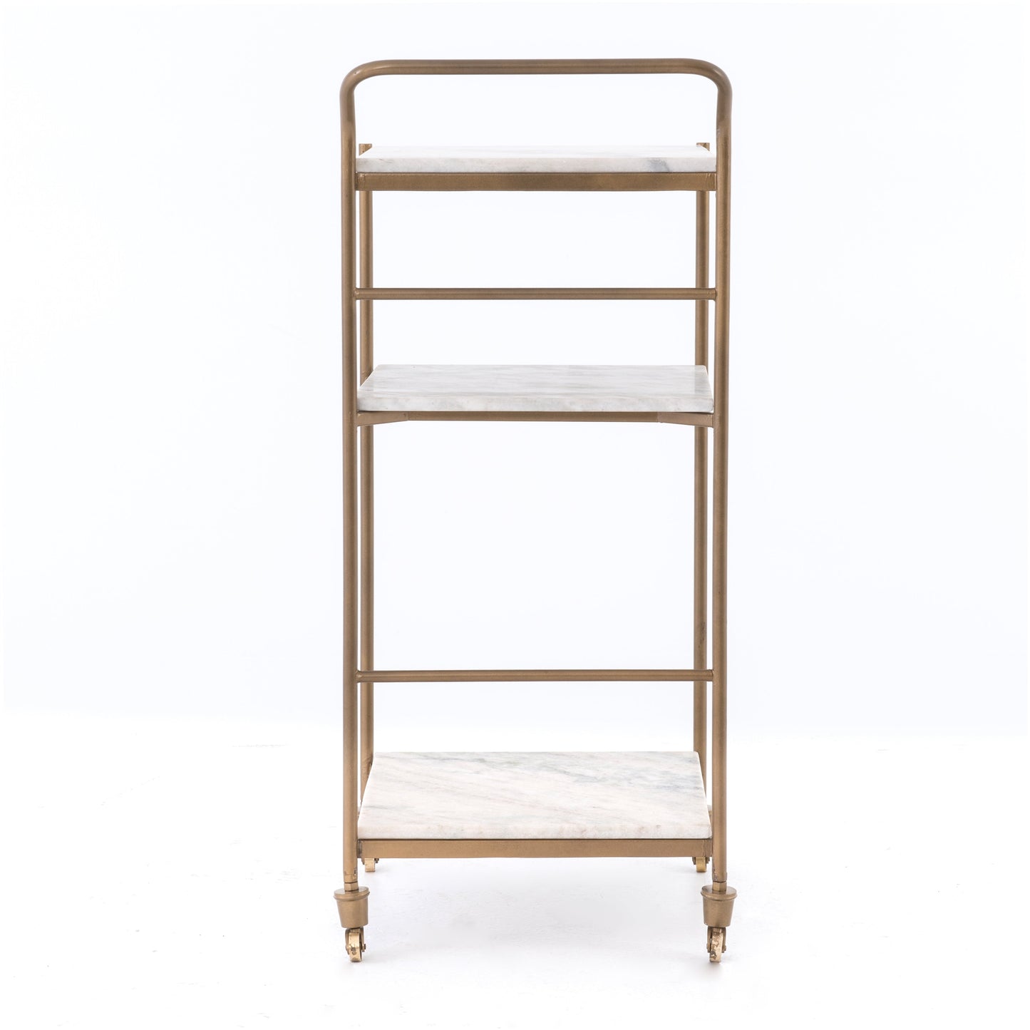 Felix antique brass bar cart with three white marble square shelves and casters.