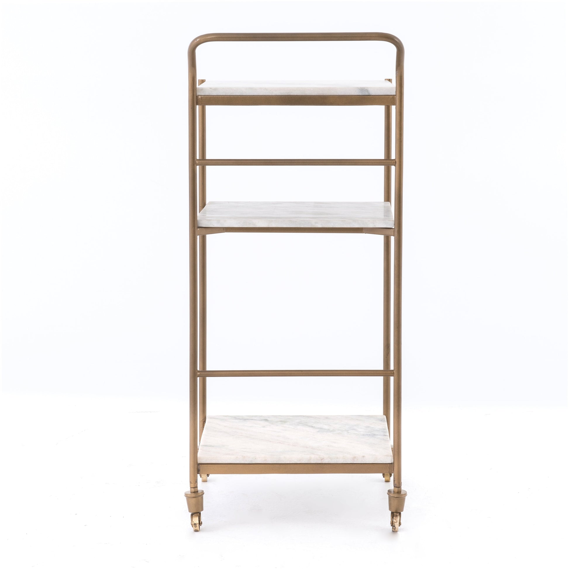Felix antique brass bar cart with three white marble square shelves and casters.