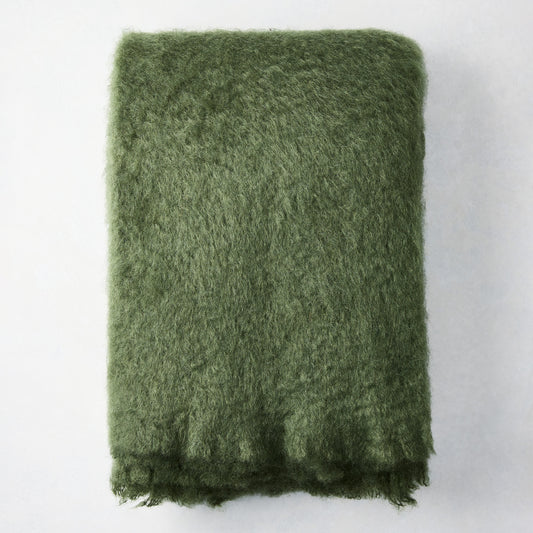 Folded Fern Green Mohair Throw Blanket, 72"L x 51"W, with a soft, shaggy texture.