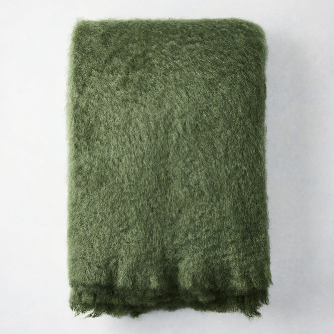 Folded Fern Green Mohair Throw Blanket, 72"L x 51"W, with a soft, shaggy texture.