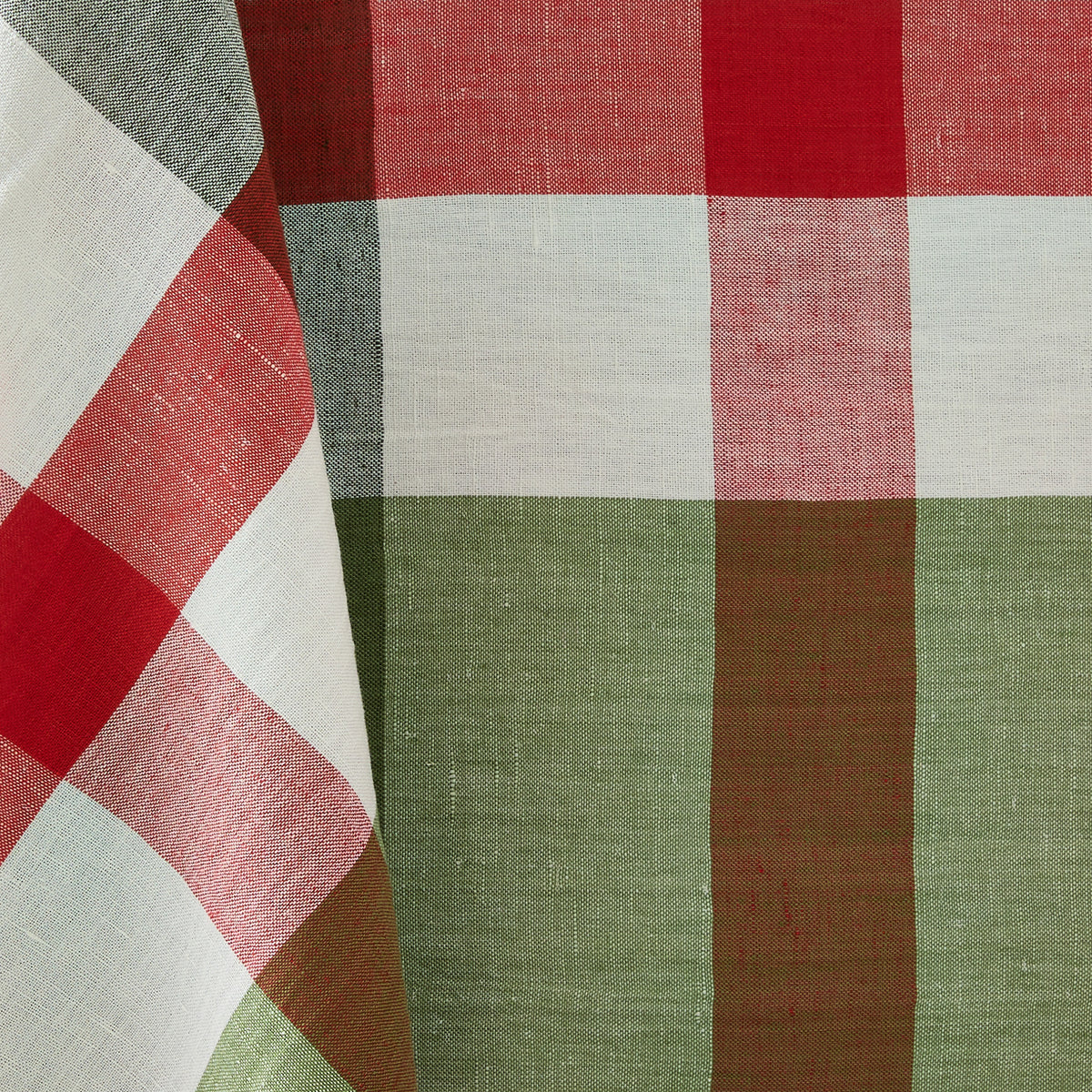 108x70-inch red, green, and white plaid cotton tablecloth with embroidered red trim.