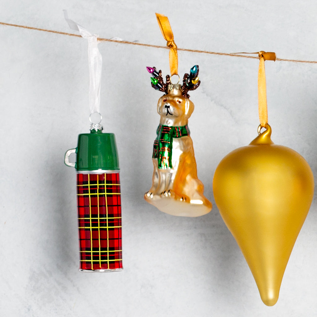 Hand-painted glass Lab dog ornament with light-covered antlers and a festive scarf.