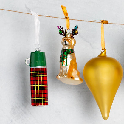 Hand-painted glass Lab dog ornament with light-covered antlers and a festive scarf.