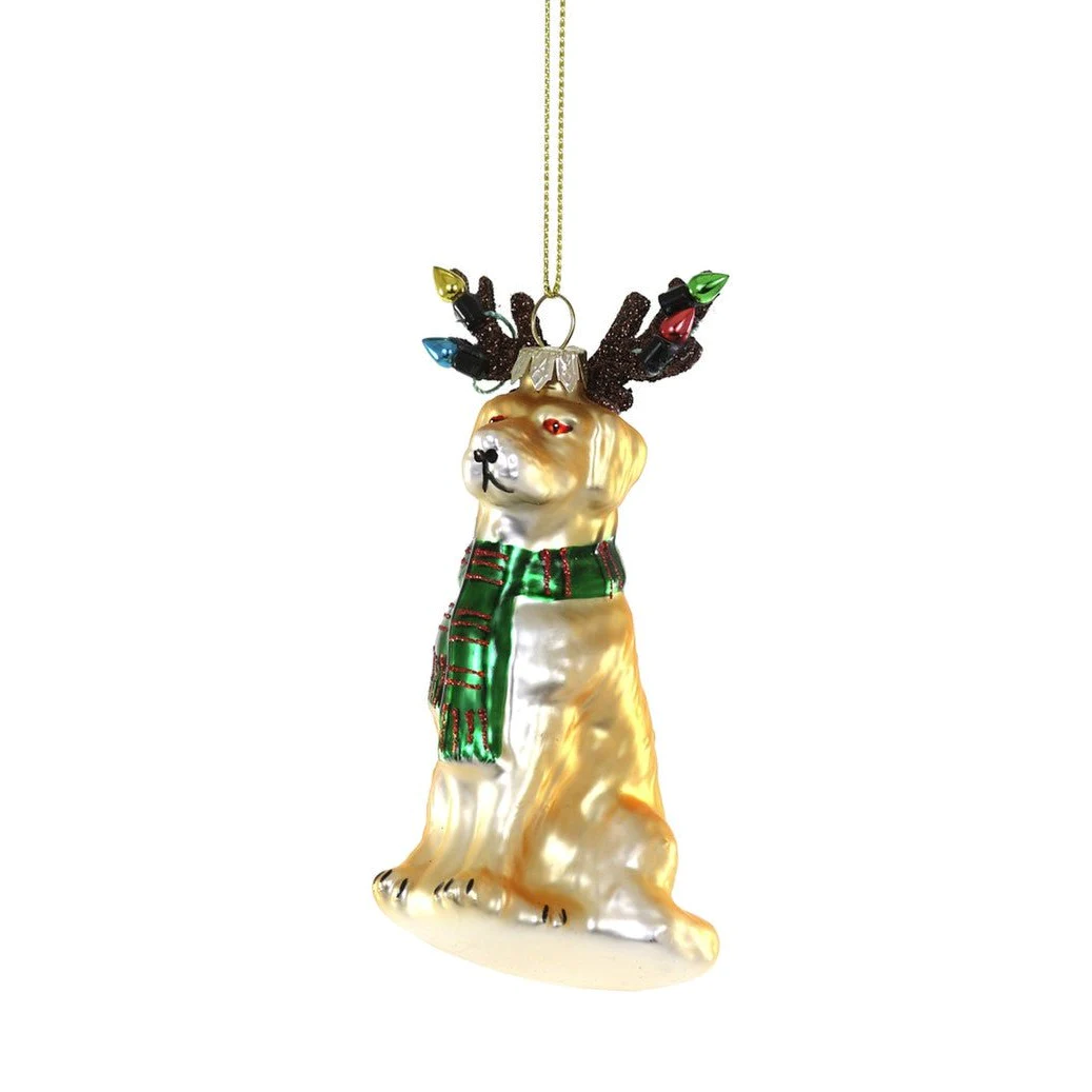 Festive Lab Christmas tree ornament: golden retriever with light-covered antlers and green scarf, mouth-blown glass.