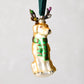 Hand-painted, glittered mouth-blown glass Lab dog ornament with light-covered antlers and green scarf.