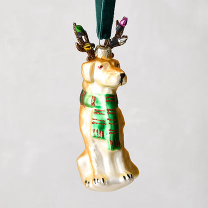 Hand-painted, glittered mouth-blown glass Lab dog ornament with light-covered antlers and green scarf.