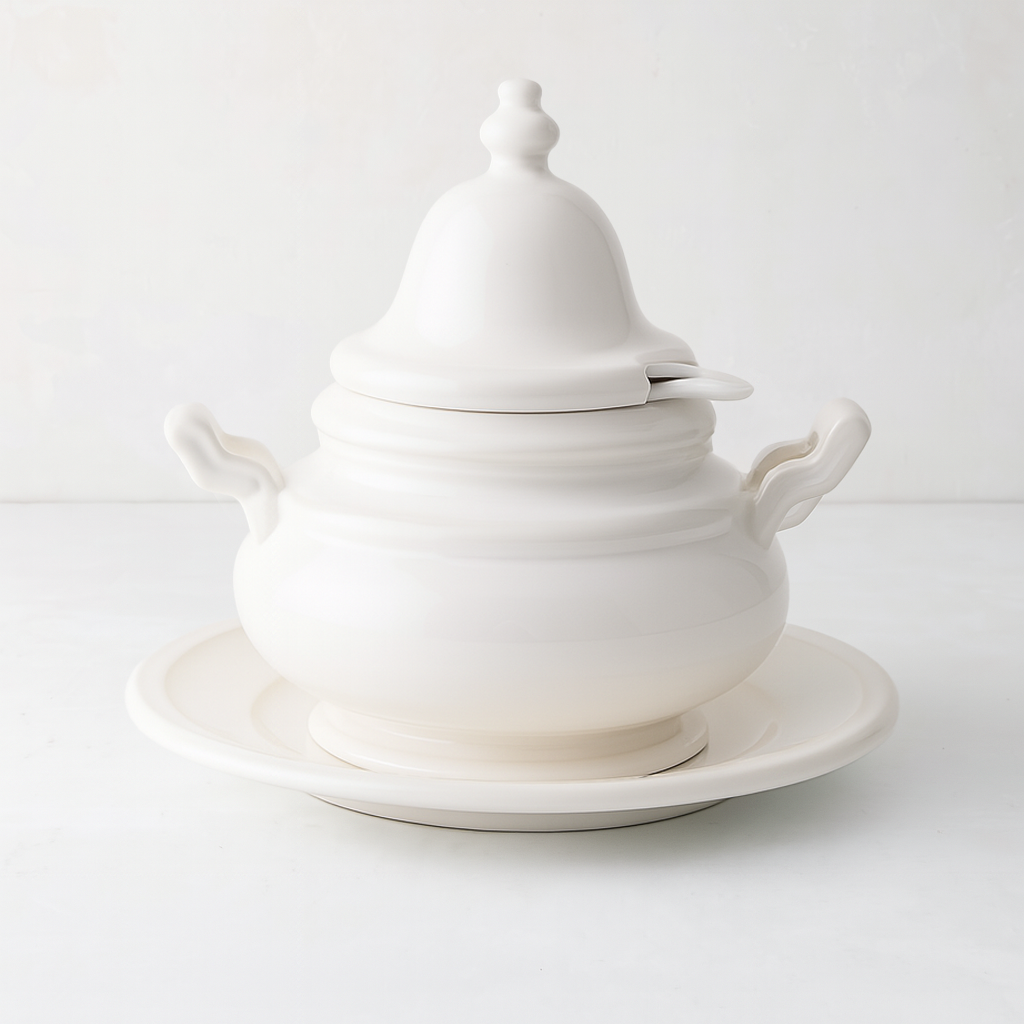 White Firenze ceramic soup tureen with lid, handles, and matching underplate.