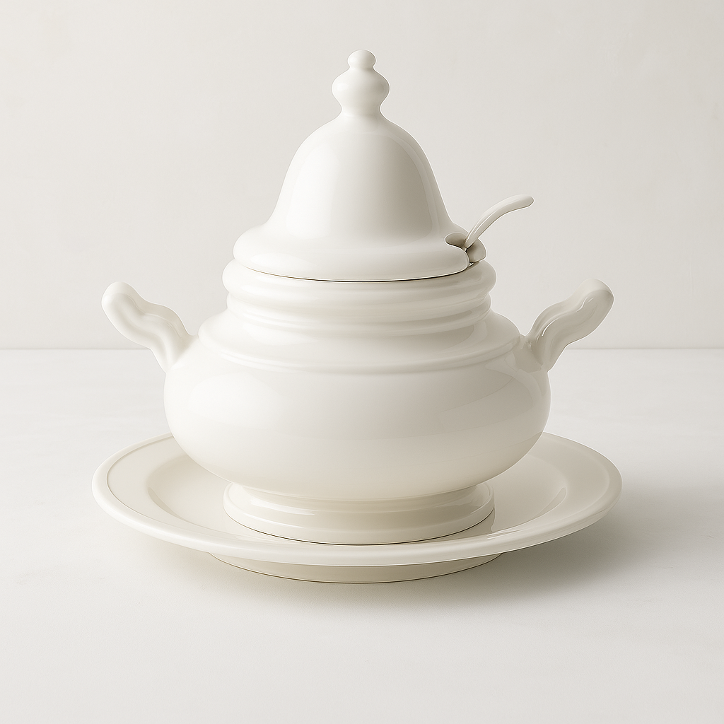 White ceramic Firenze soup tureen with lid, ladle, and matching underplate.