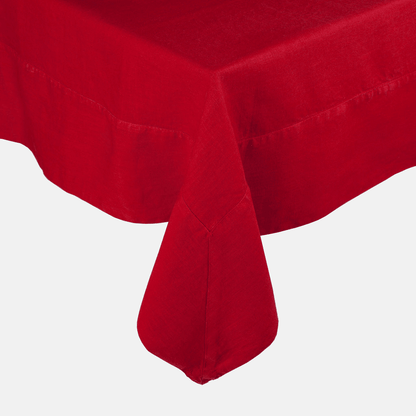 Flame HG Signature hand-dyed red linen tablecloth with a generous border and mitered corner detailing.