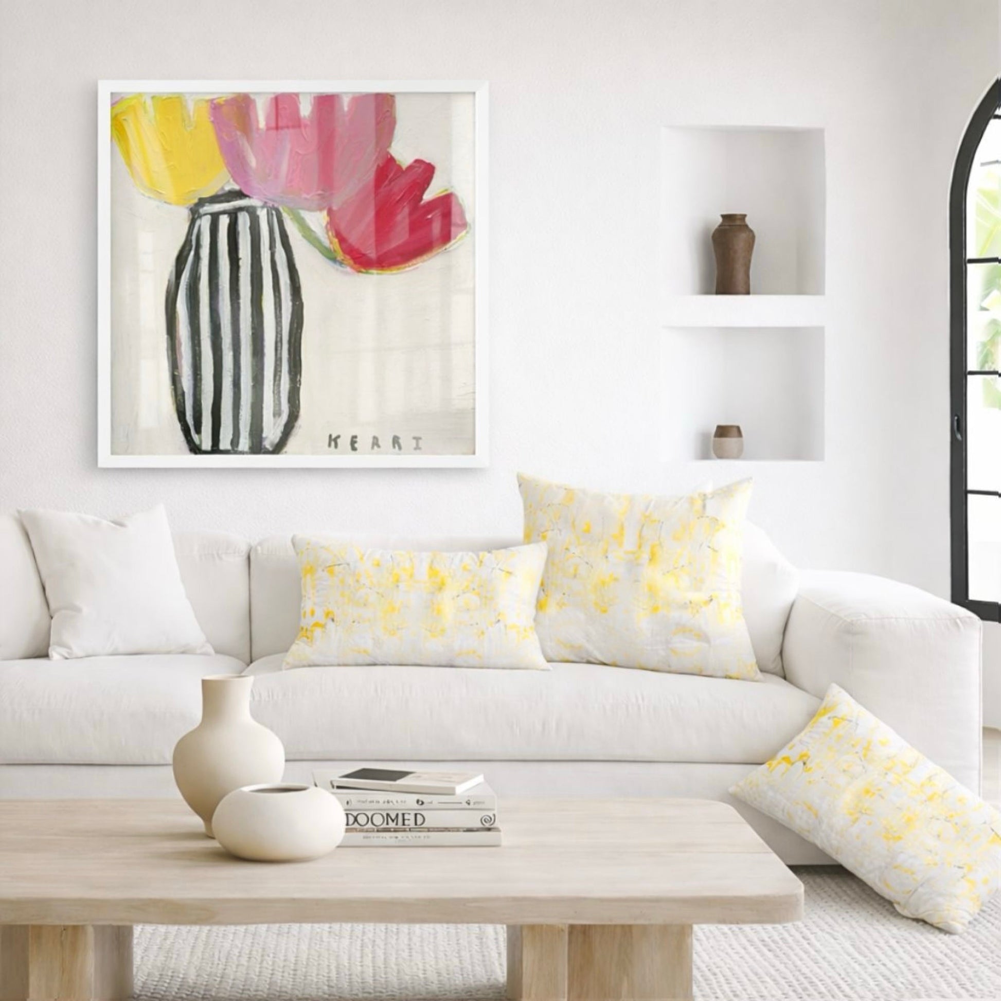 Kerri Rosenthal's "Flower Me" art print: bold pink and yellow flowers in a striped vase, white frame.