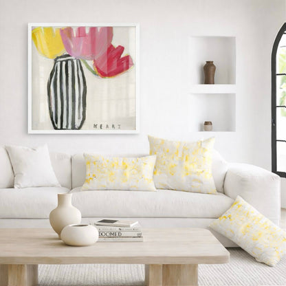 Kerri Rosenthal's "Flower Me" art print: bold pink and yellow flowers in a striped vase, white frame.