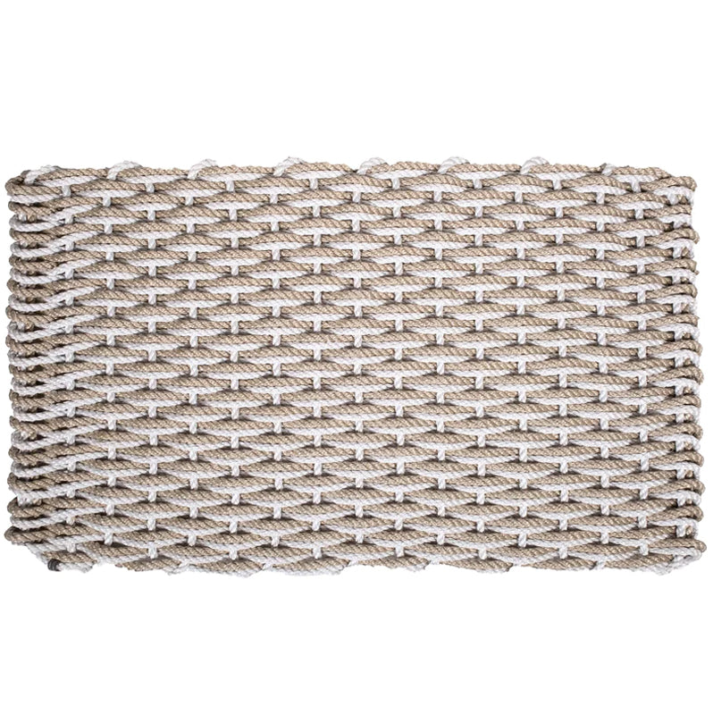 Handwoven Fog Grey and Sand Rope Doormat with a tight, rectangular weave.