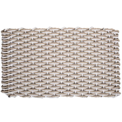 Handwoven Fog Grey and Sand Rope Doormat with a tight, rectangular weave.