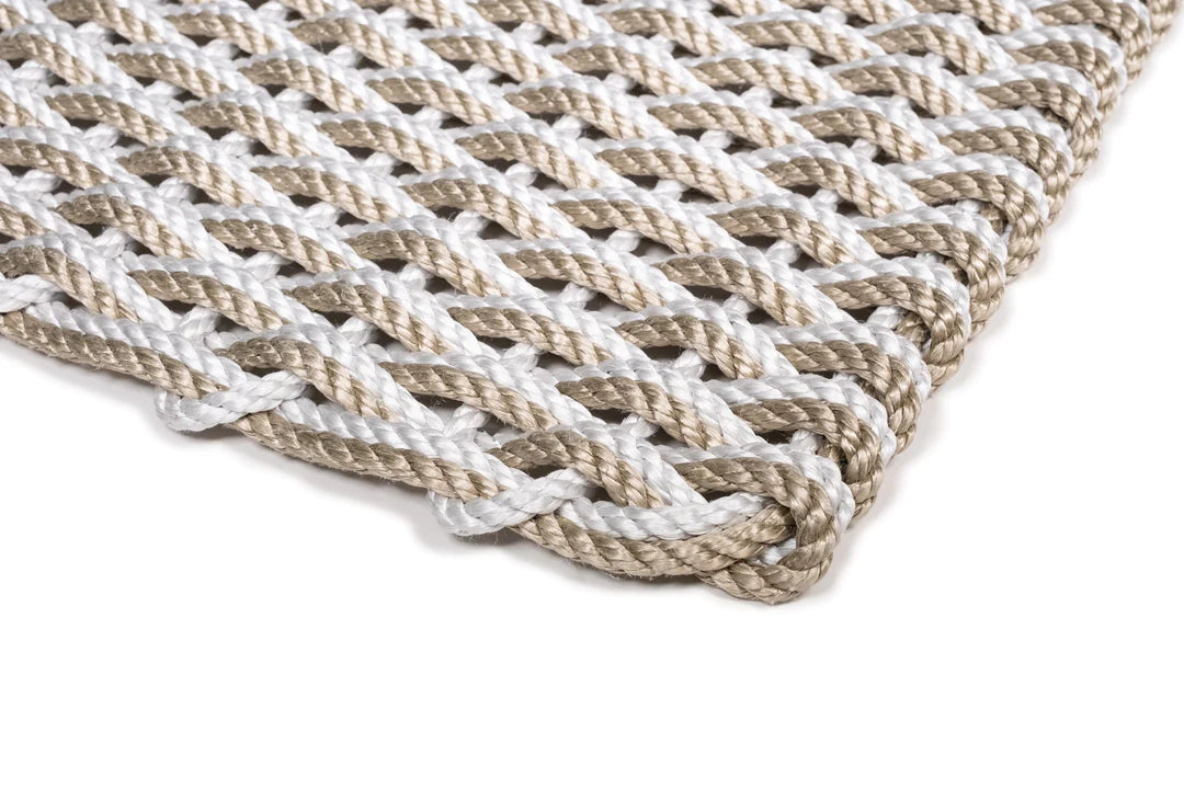 Handwoven Fog Grey and Sand Rope Doormat with a tightly braided, weather-resistant design.