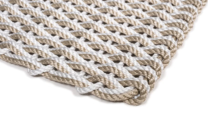 Handwoven Fog Grey and Sand Rope Doormat with a tightly braided, weather-resistant design.