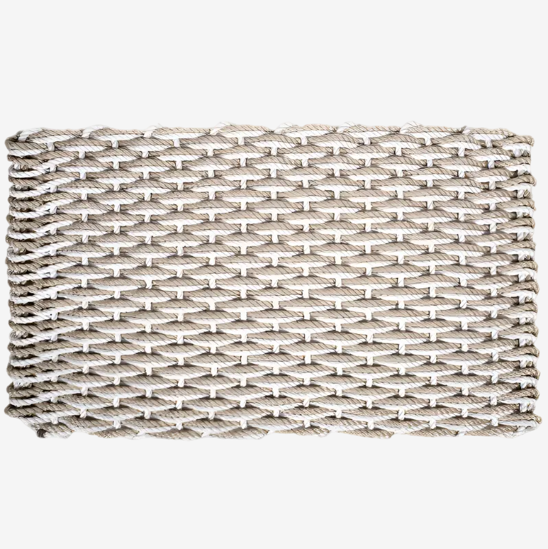 Handwoven Fog Grey and Sand Rope Doormat with a tight, rectangular weave pattern.