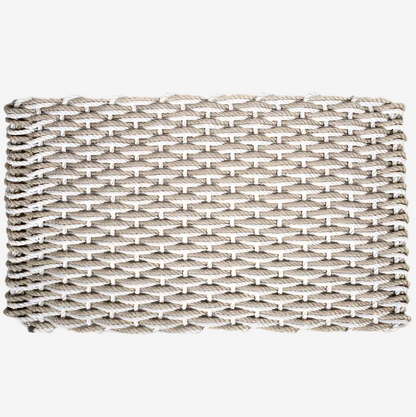 Handwoven Fog Grey and Sand Rope Doormat with a tight, rectangular weave pattern.