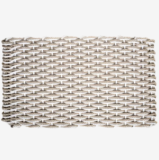 Handwoven Fog Grey and Sand Rope Doormat with a tight, rectangular weave pattern.