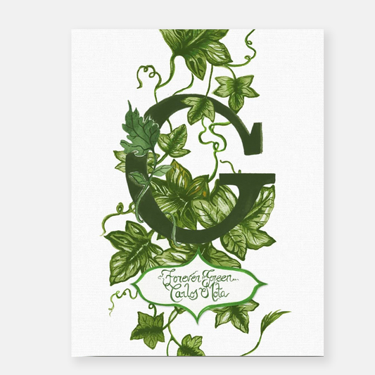 Forever Green" by Carlos Mota book cover with dark green "G" entwined with ivy, title in a green frame.