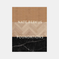 Hardcover "Foundations" book by Nate Berkus, featuring a top burlap, middle herringbone wood, and bottom black marble design.
