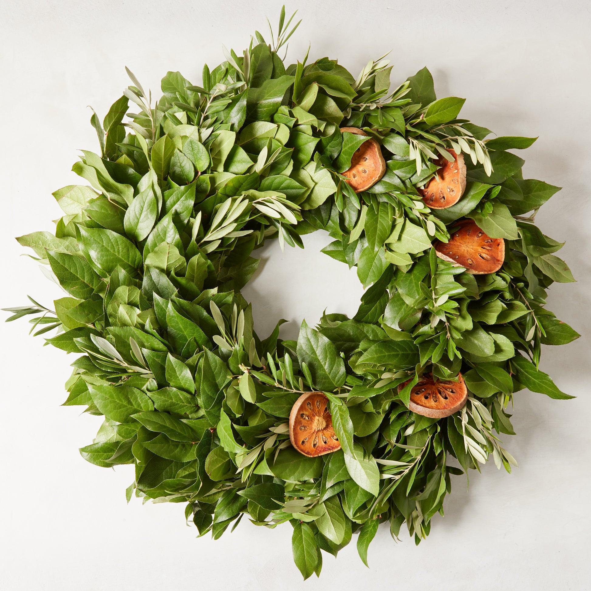 Fresh Citrus Sunrise Wreath, 18" olive and salal leaves with dried citrus slices.
