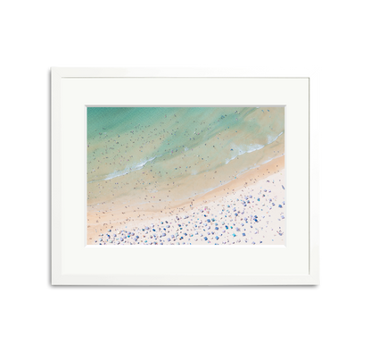 Aerial view of Freshwater Beach, Sydney framed wall art print with white wooden frame and mat.