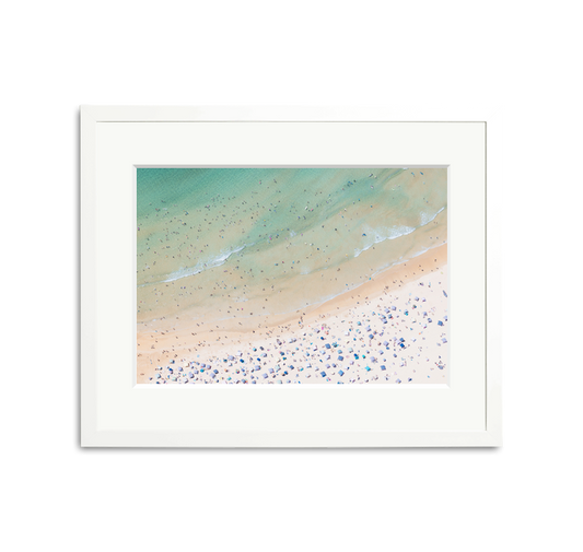 Aerial view of Freshwater Beach, Sydney framed wall art print with white wooden frame and mat.