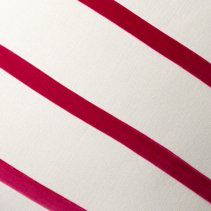 Fuchsia pink velvet stripes on an ivory Belgian linen pillow, 22" square.
