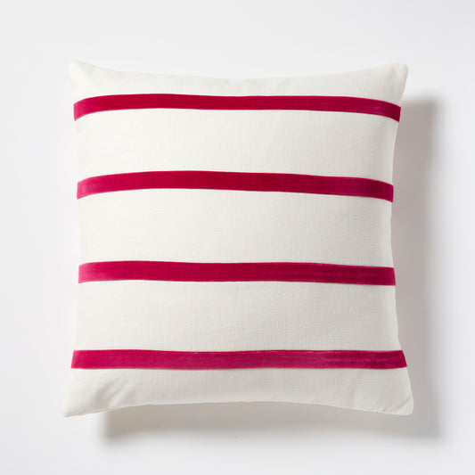 Fuchsia pink velvet stripes on an ivory linen square throw pillow.